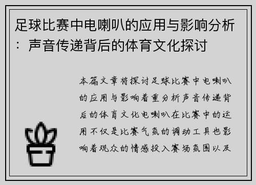 足球比赛中电喇叭的应用与影响分析：声音传递背后的体育文化探讨