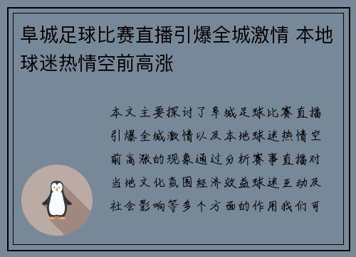 阜城足球比赛直播引爆全城激情 本地球迷热情空前高涨
