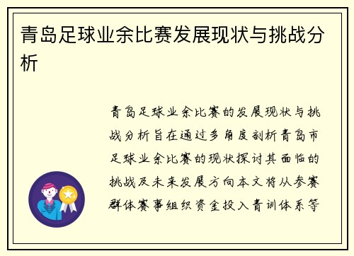 青岛足球业余比赛发展现状与挑战分析