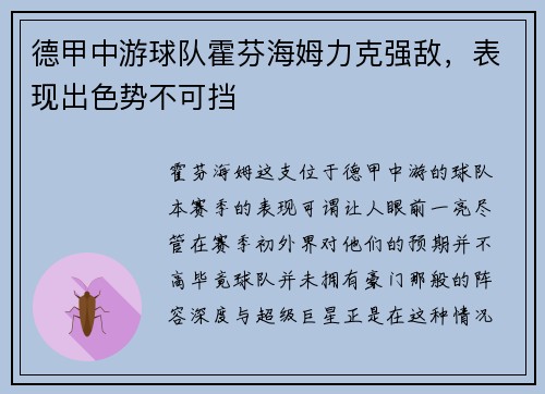 德甲中游球队霍芬海姆力克强敌，表现出色势不可挡