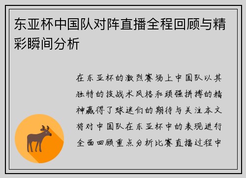 东亚杯中国队对阵直播全程回顾与精彩瞬间分析