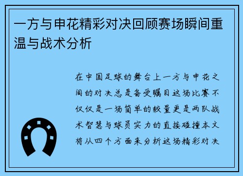 一方与申花精彩对决回顾赛场瞬间重温与战术分析