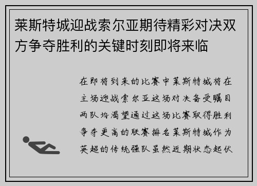莱斯特城迎战索尔亚期待精彩对决双方争夺胜利的关键时刻即将来临