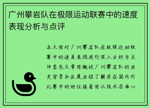 广州攀岩队在极限运动联赛中的速度表现分析与点评