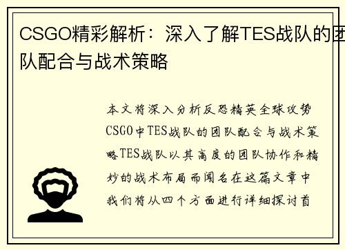 CSGO精彩解析：深入了解TES战队的团队配合与战术策略