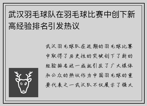 武汉羽毛球队在羽毛球比赛中创下新高经验排名引发热议