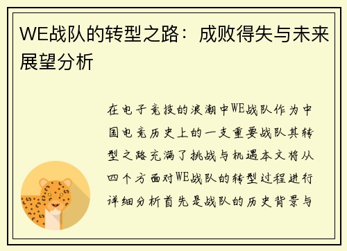 WE战队的转型之路：成败得失与未来展望分析